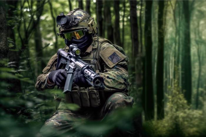 Airsoftový hráč v plné výbavě v lese