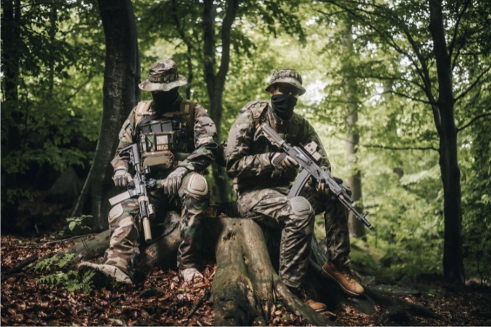 Dwie osoby w strojach taktycznych i z replikami ASG, przygotowujące się do strzelanki.