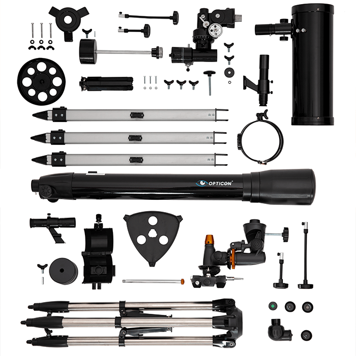 elementy teleskopu; tuba optyczna, szukacz, statyw, okulary