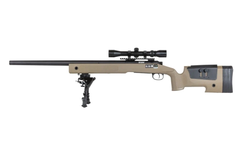Specna Arms SA-S02 CORE™ High Velocity airsoft Selector Rifle s puškohledem a dvojnožkou Upgraded Tan