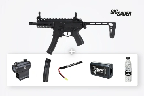 Zestaw startowy ASG: Pistolet maszynowy King Arms x SIG SAUER MPX-K Sportline + Akcesoria