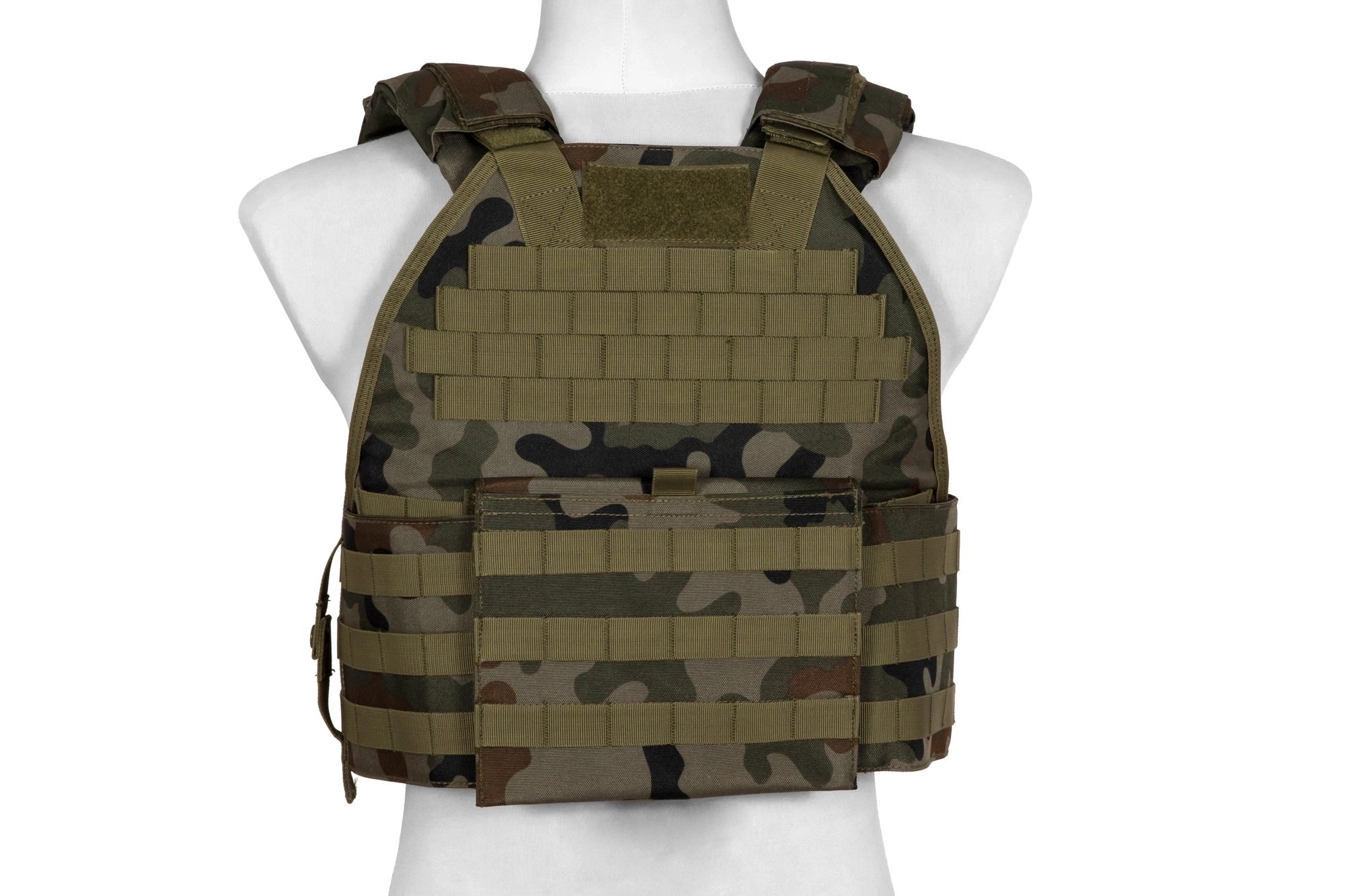 Zadní strana nosiče plátů GFC Tactical s vazbou MOLLE a evakuačním madlem